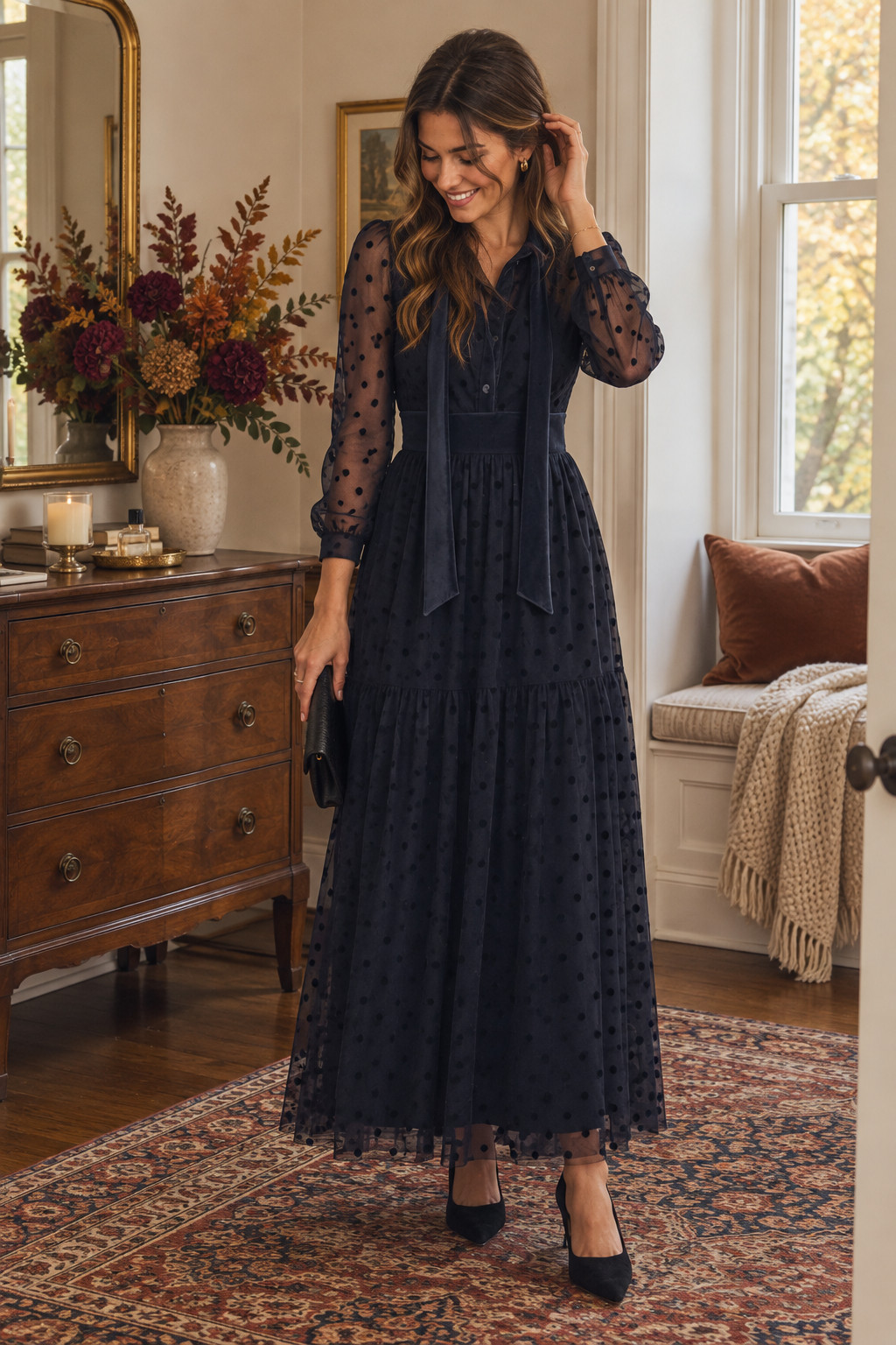 Obsessed with how romantic this navy dress feels for a fall wedding. The sheer dotted sleeves, feminine bow neckline, fitted waist, and flowy maxi skirt give it such an elegant vintage-inspired look. Perfect for an October wedding, evening ceremony, or dressy fall event.
#FallWeddingGuest #NavyDress #FallWeddingGuestDress #MaxiDress #OctoberWeddingGuest #WeddingGuestStyle #AutumnDress 

 #LTKootd #LTKSeasonal #LTKWedding