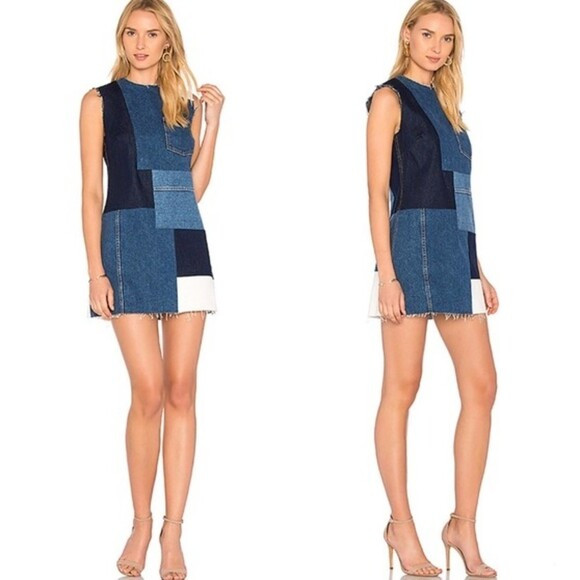 NWT GRLFRND Heidi Raw Hem Mini Shift Dress Jean Patchwork Denim Womens Medium | Poshmark