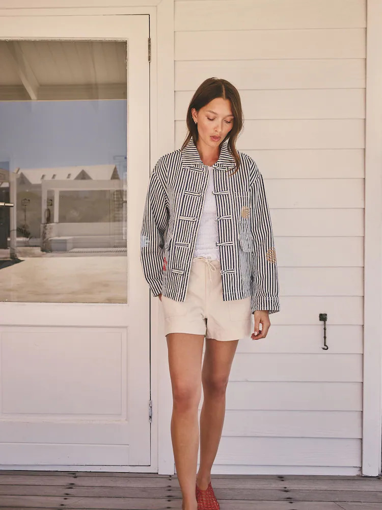 Blue and White Stripe Cotton Stripe Embroidered Jacket | Next US