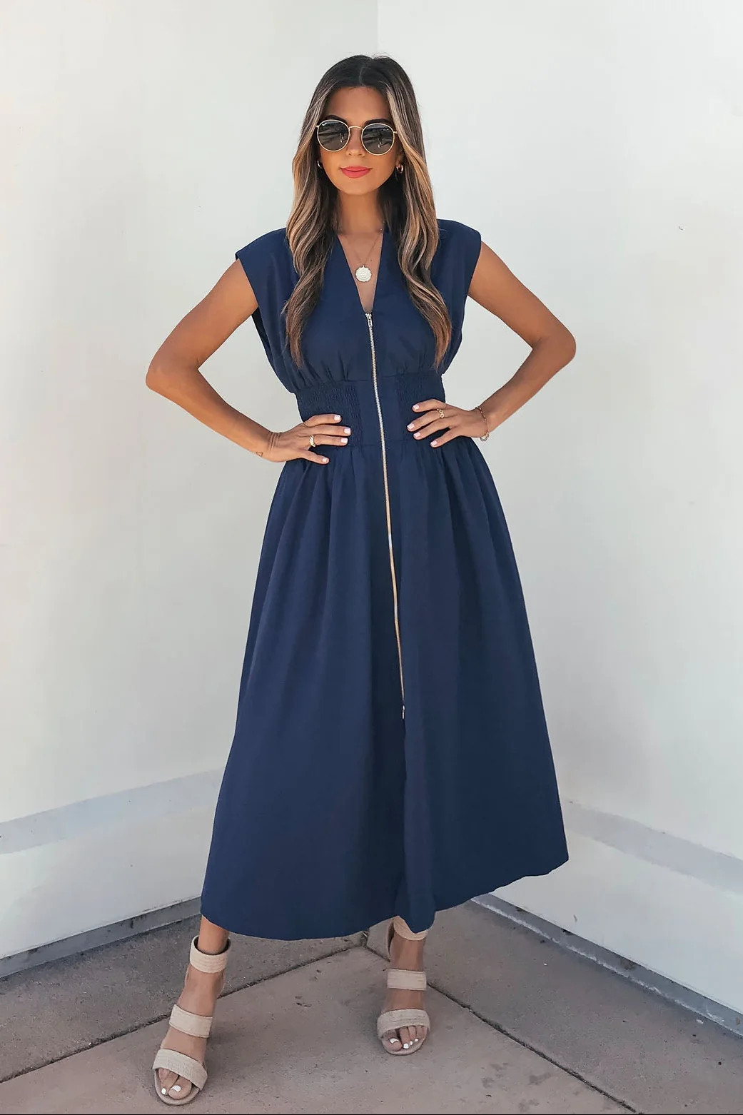 Solid Zip Up Front Midi Dress - Navy | Magnolia Boutique