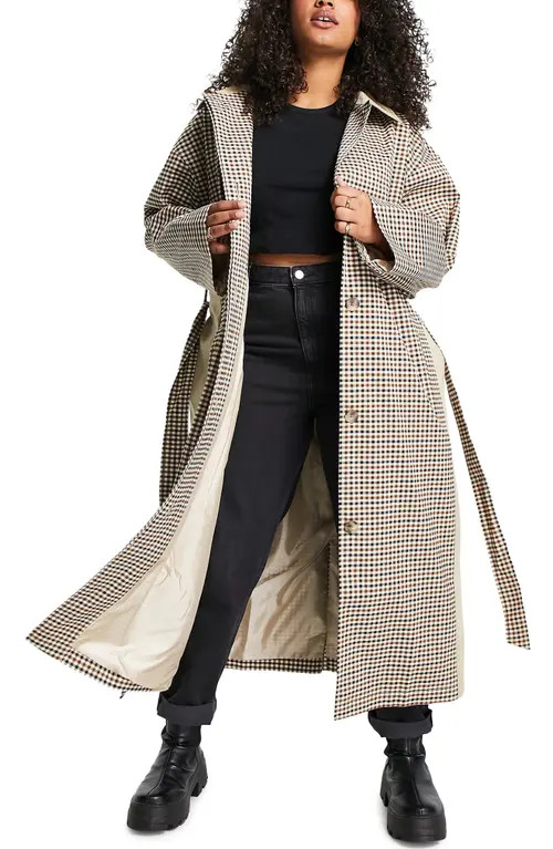 ASOS DESIGN Curve Gingham Trench Coat in Beige at Nordstrom, Size 18W Us | Nordstrom