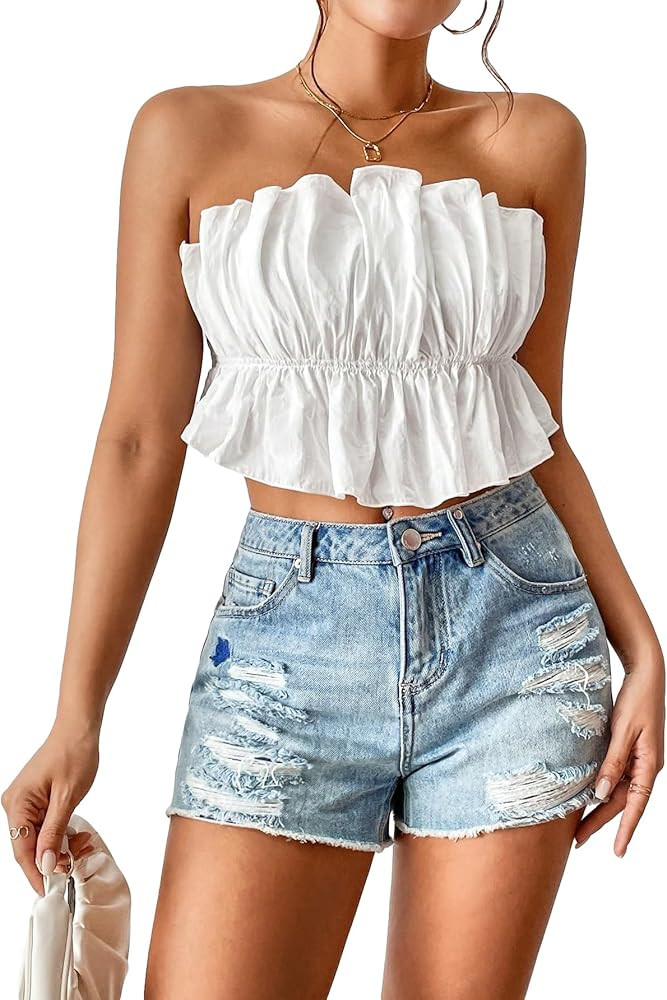 Verdusa Women's Ruffled Strapless Ruched Crop Tube Top Peplum Bandeau | Amazon (US)