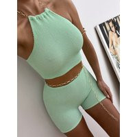 Two Piece Set Chain Detail Halter Top & Belly Ruch Bum Shorts in Pastel Green Crinkle | Etsy (US)