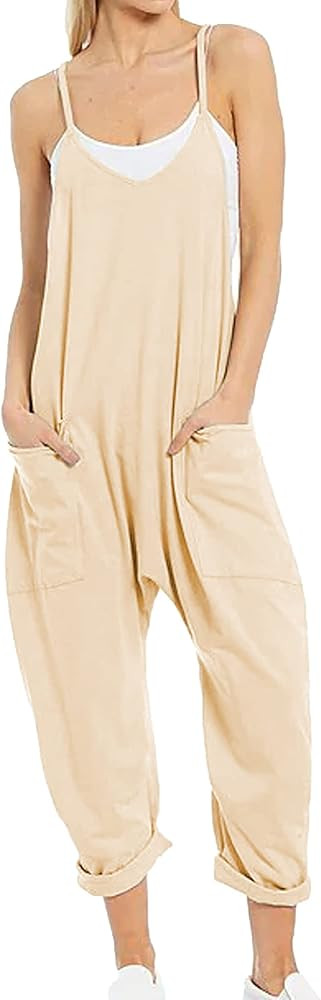 Hixiaohe Women's Casual V Neck Sleeveless Jumpsuits Baggy Straps Harem Long Pants Overalls With P... | Amazon (US)