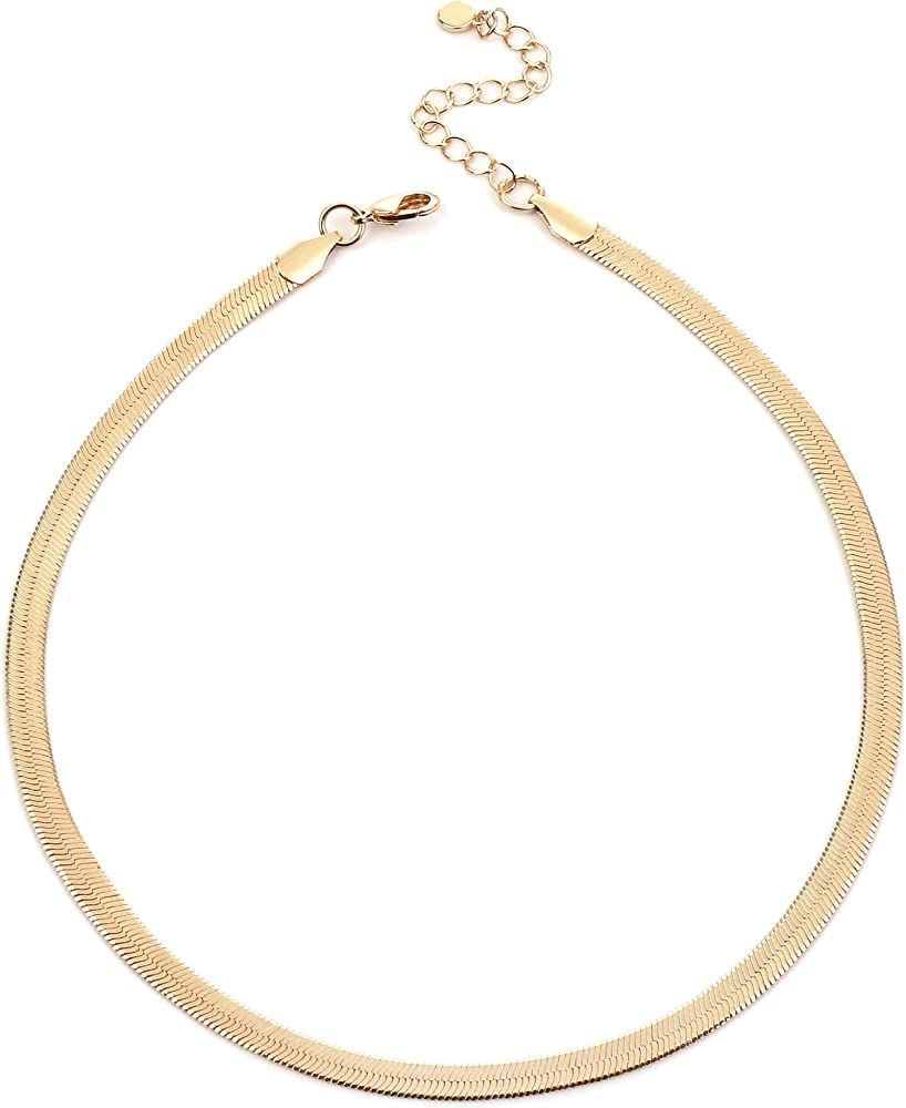 14K Gold / Silver Plated Chain Choker Necklace 5MM Flat Snake Chain Herringbone Necklace Thick Chunk | Amazon (US)