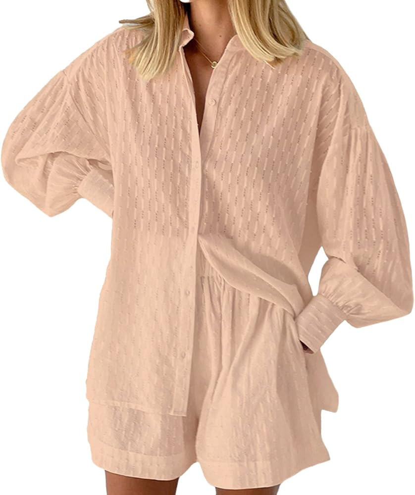 Women's 2 Piece Outfits Oversized Long Puff Sleeve Blouse Shirt High Waisted Side Pocket Shorts S... | Amazon (US)