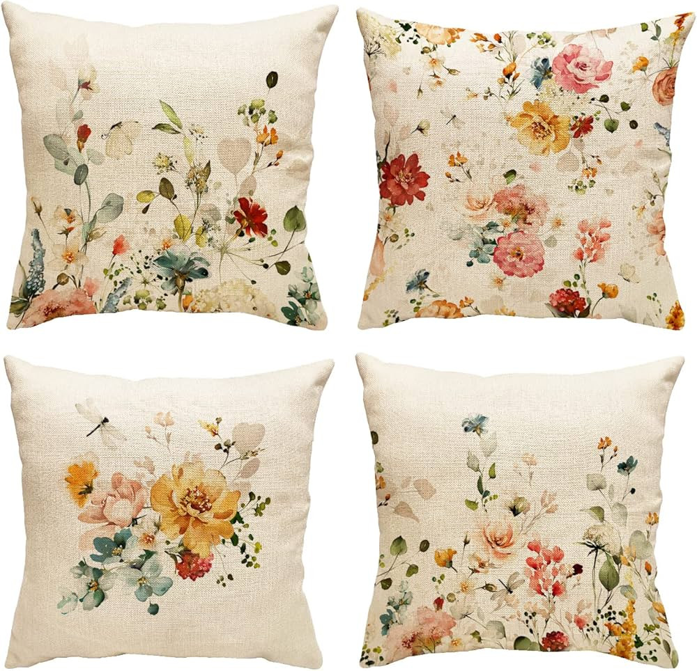 GDHBLING Floral Throw Pillow Covers 18x18 Inch Set of 4 Spring Decorative Pillow Covers Outdoor C... | Amazon (US)