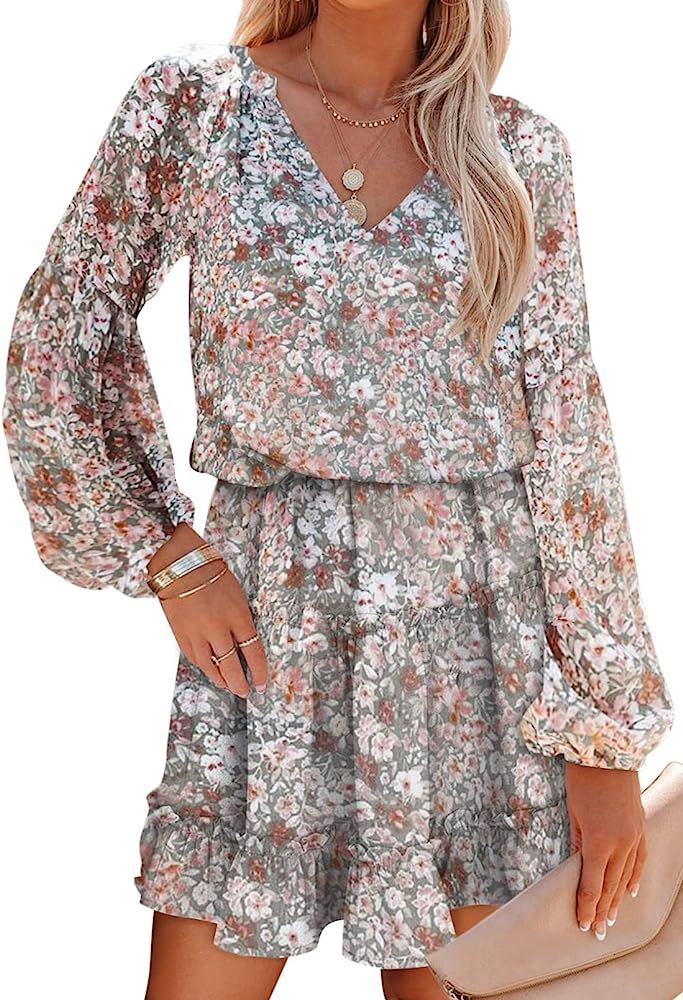 SHEWIN Womens Summer Boho Floral Print Dress Ruffle V Neck Long Sleeve Flowy Loose Casual Midi Dr... | Amazon (US)