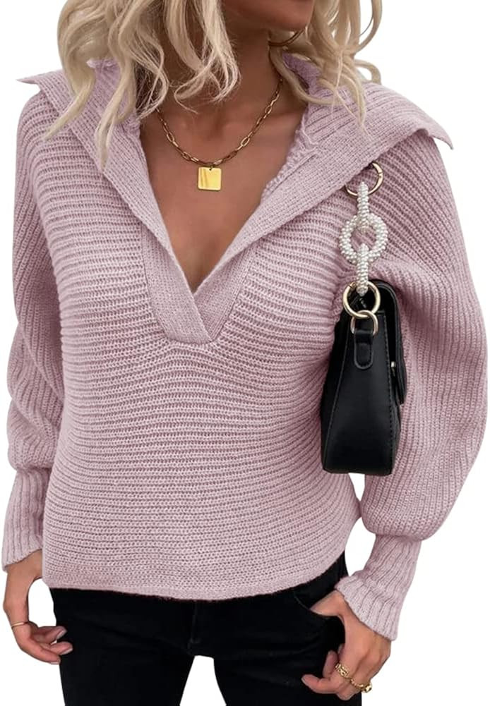 Womens V Neck Batwing Long Sleeve Sweaters Ribbed Knit Warm Lightweight Loose Casual Pullover Top... | Amazon (US)