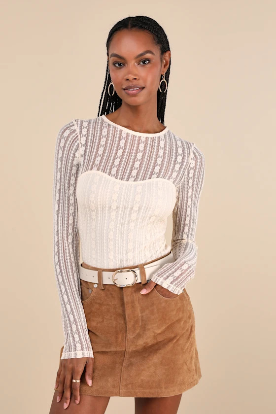 Sheer Passion Cream Sheer Lace Long Sleeve Top | Lulus