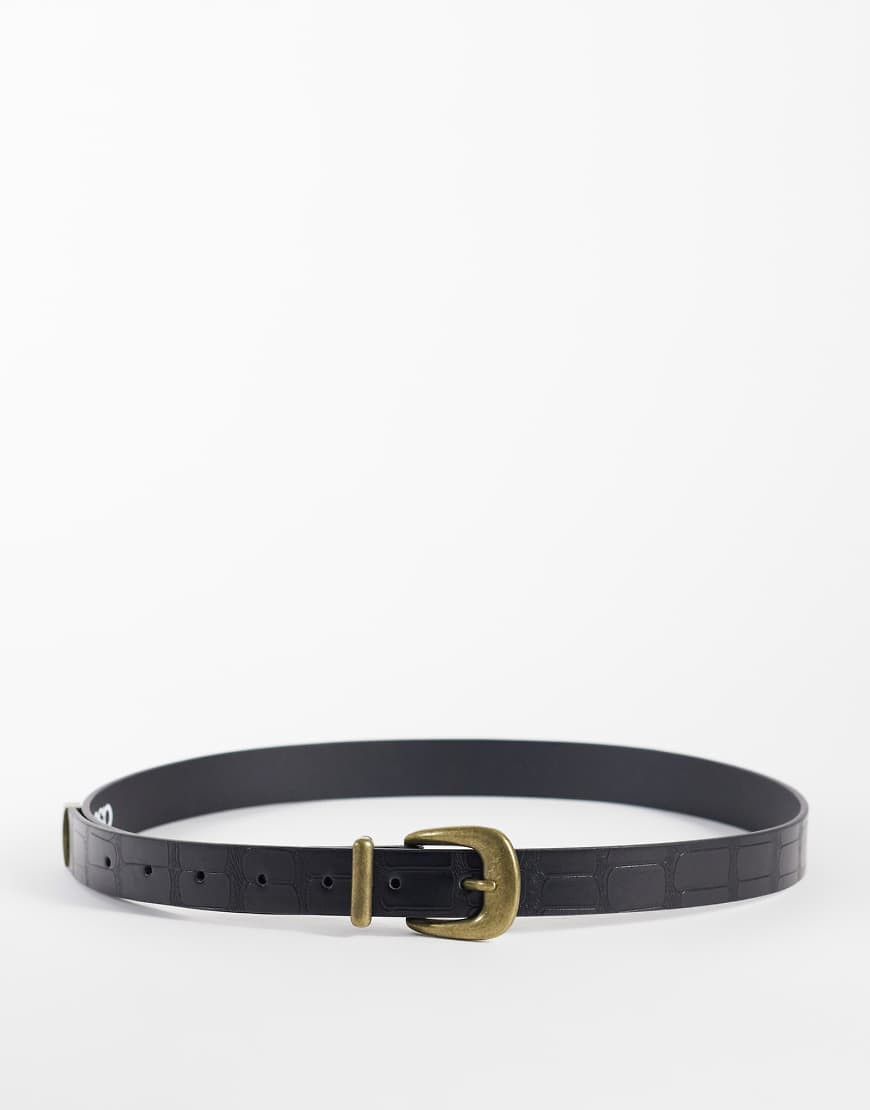 ASOS DESIGN skinny belt with gold curve buckle and metal tip in black | ASOS (Global)