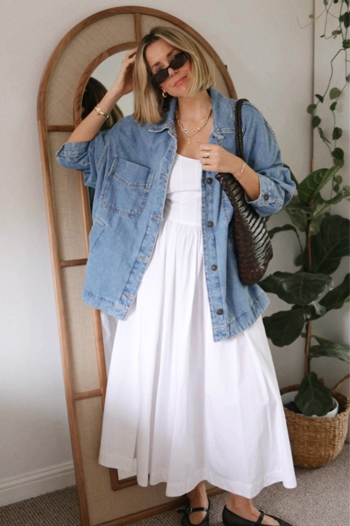 Marks and Spencer white dress
White dress
denim jacket 
Mesh ballet flats 
Woven bag 

#LTKSeasonal #LTKeurope #LTKstyletip