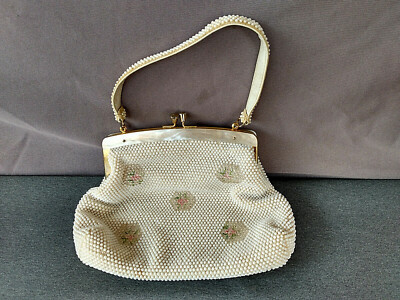 Vintage White Beaded Pink Bead Floral Decor Lucite rim Handbag Made in Hong Kong  | eBay | eBay US