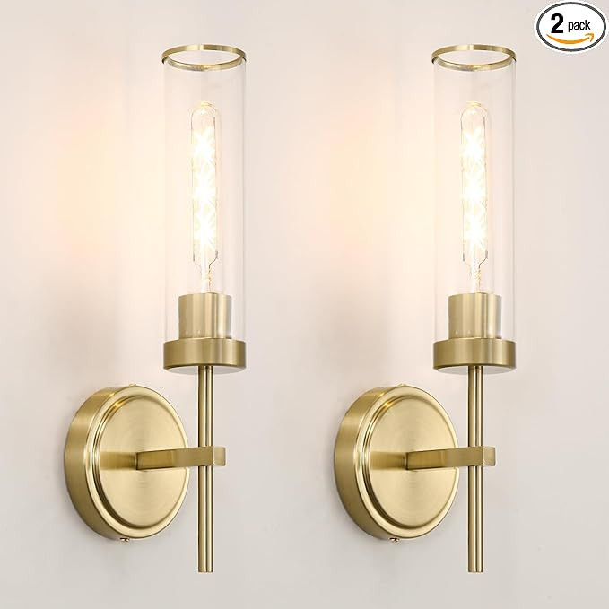 Wall Sconces Set of Two, Gold Bathroom Sconces, Modern Vanity Light Fixtures with Clear Glass, Sc... | Amazon (US)