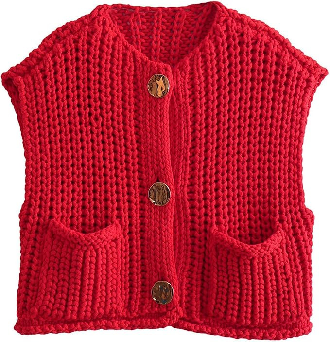 Flygo Womens Crop Knit Vest Top Chunky Crochet Button Cardigan Sweater Vests Sleeveless 2024 Fall... | Amazon (US)