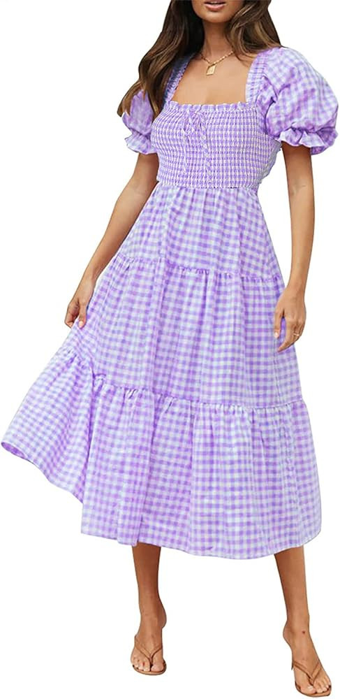 Women's Boho Tie Back Dress Back Bow Summer Plaid Dress Elastic Square Neck Backless Beach Flowy ... | Amazon (US)