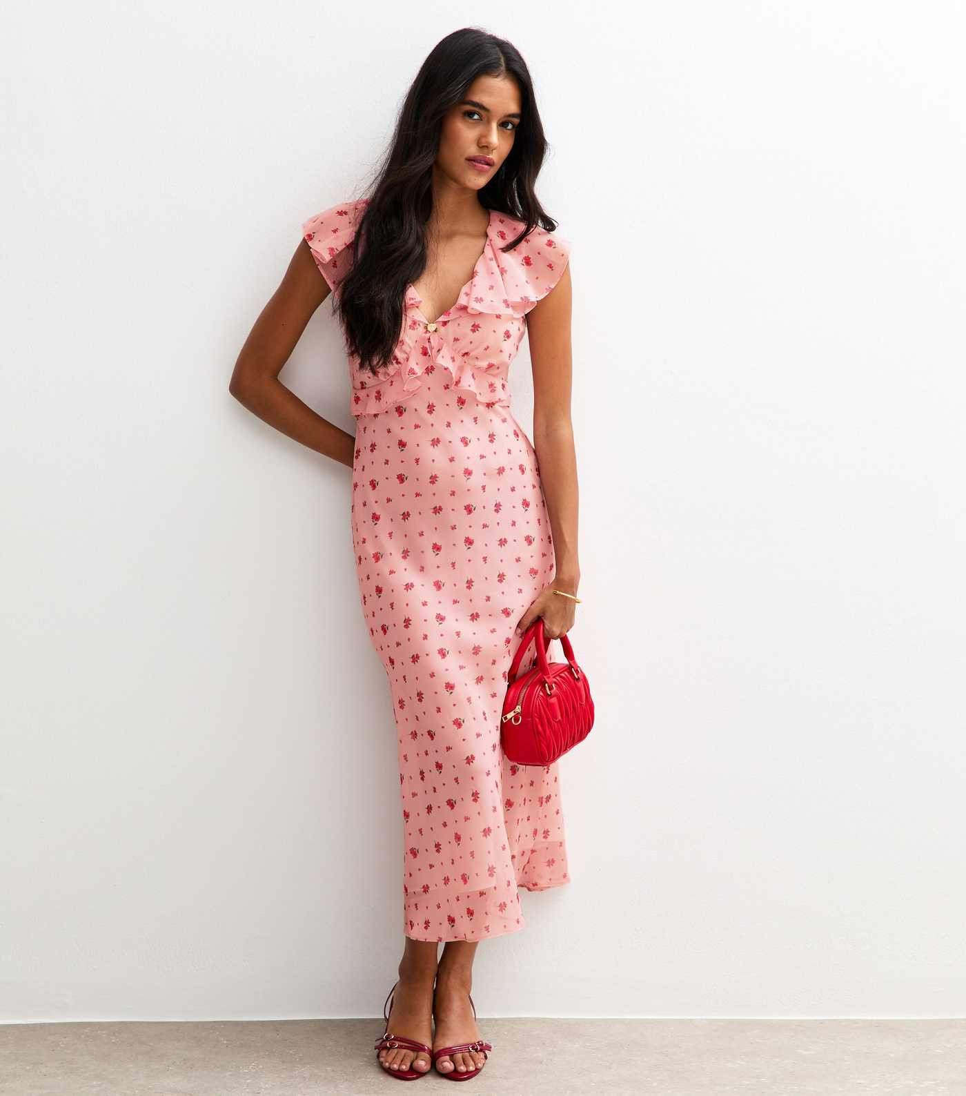 Pink Rose Print Ruffle Midi Dress | New Look | New Look (UK)