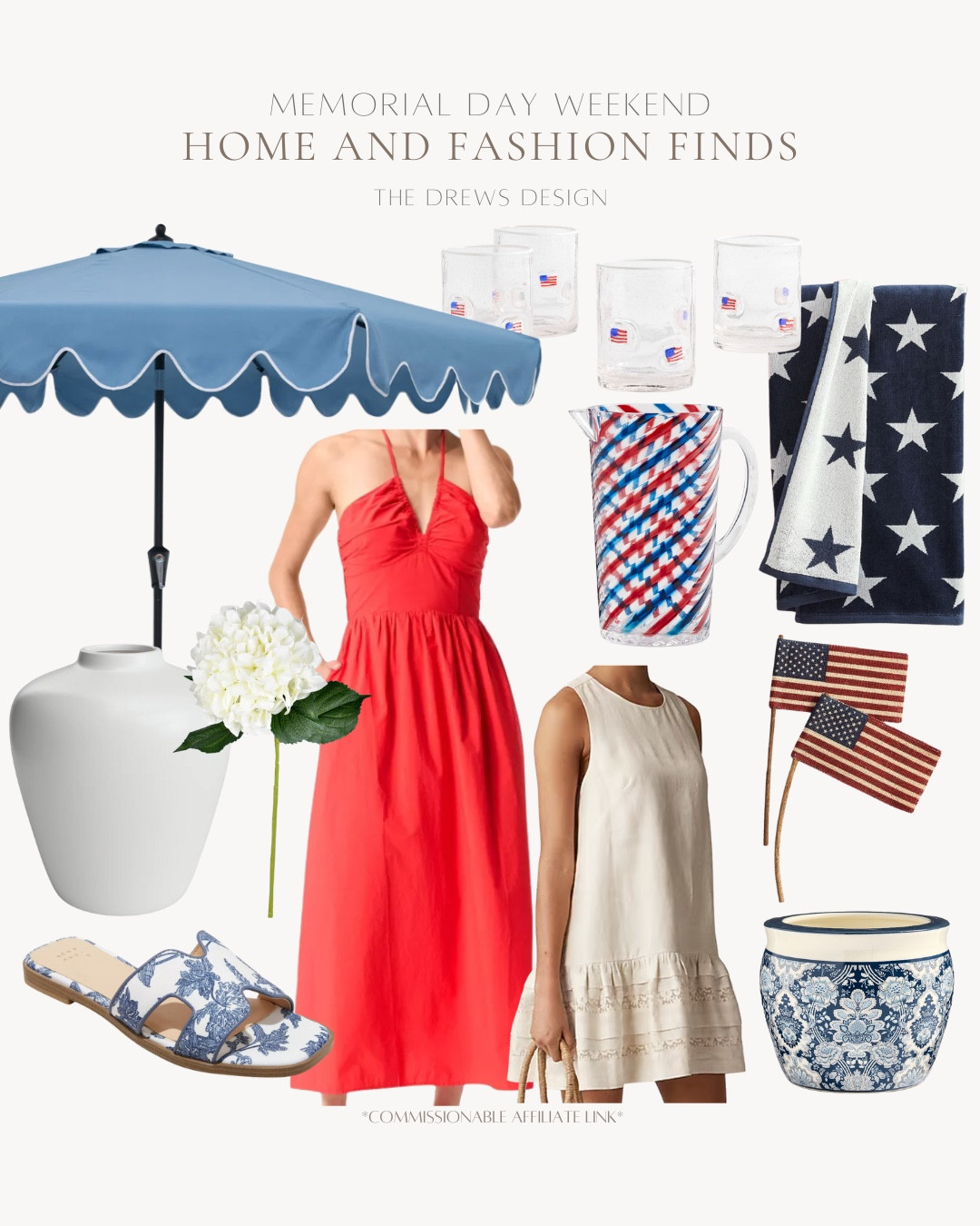Memorial Day home and fashion includes red dress, white dress, planter, American flag decor, beach towels, pitcher, flag glasses, umbrella, vase, hydrangeas stems, and sandals.

Home decor, Memorial Day, fashion finds

#LTKStyleTip #LTKHome #LTKFindsUnder100