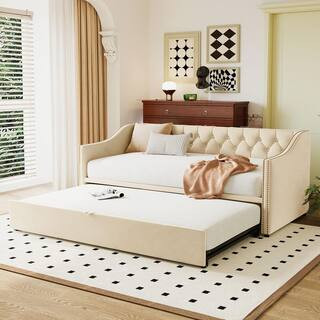 Beige Twin Size Soft Velvet Upholstered Tufted Daybed with Pop Up Trundle | The Home Depot
