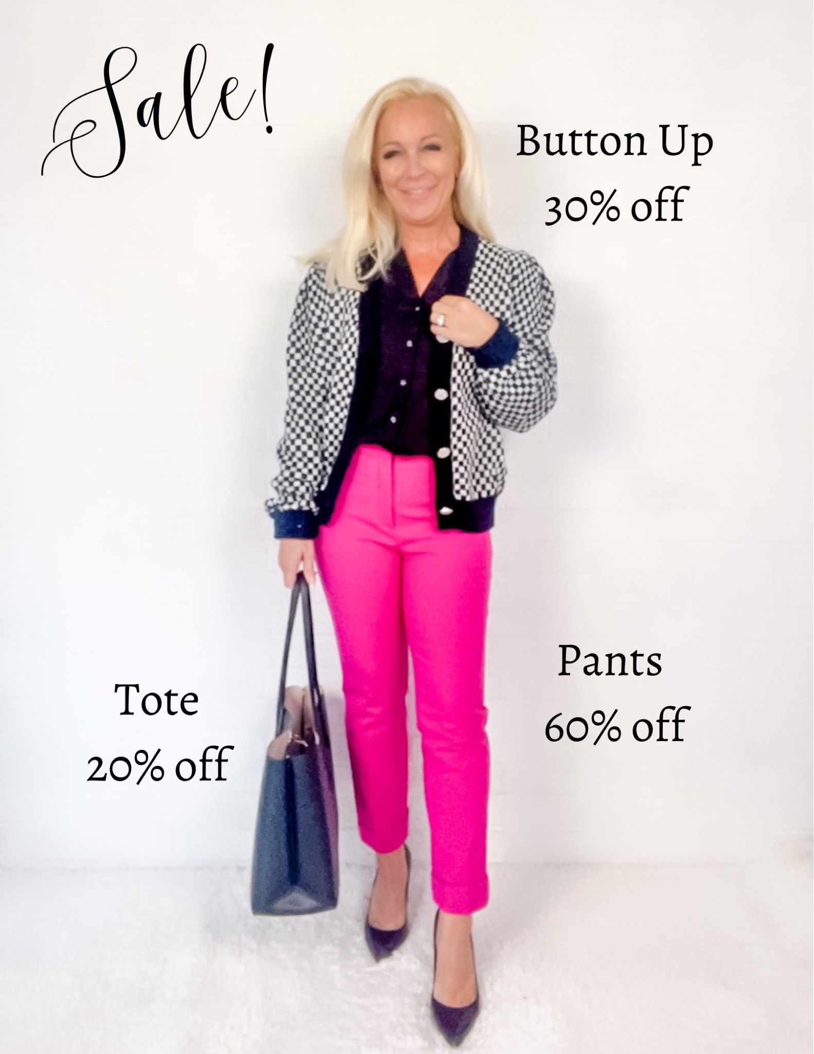 Workwear look in the spirit of Valentines Day: checked cardigan, silky black button up (30% off), pink ankle pants (60% off), comfy black pumps, KATE SPADE TOTE IS 20% OFF! ♠️ 

#LTKFind #LTKsalealert #LTKworkwear