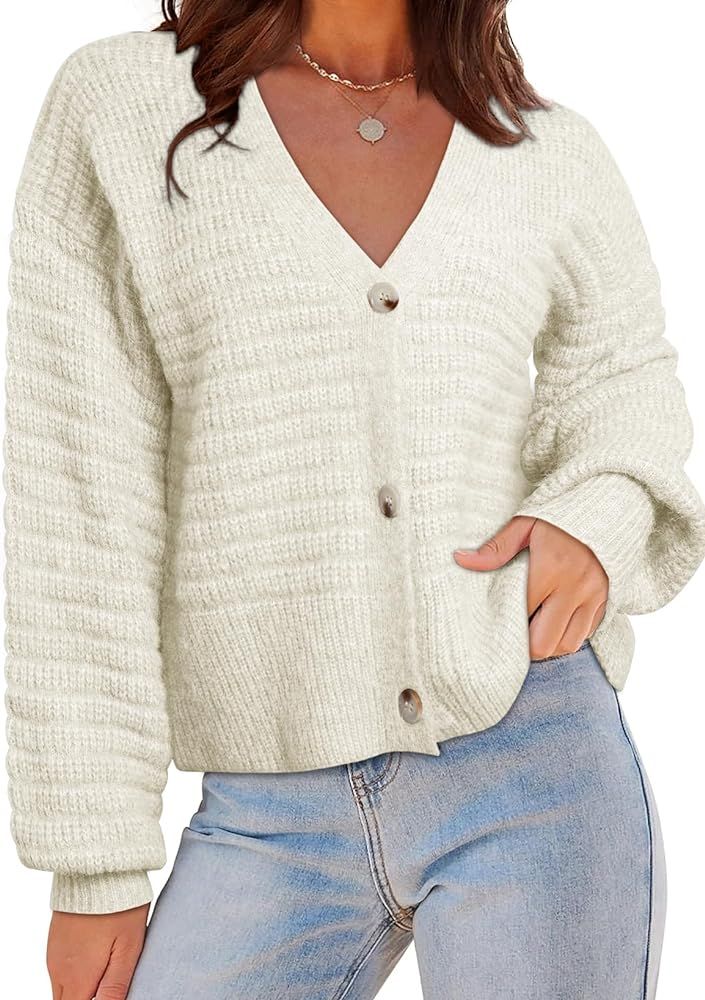 Dokotoo Cardigan for Women V Neck Button Down Long Sleeve Ribbed Knit Sweaters Tops | Amazon (US)
