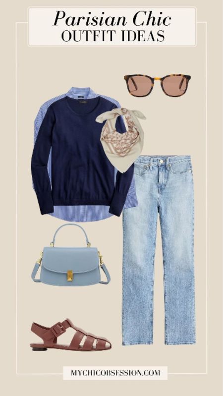 Start with a blue-striped button-down as your foundation. Next, add a blue sweater to create a monochromatic pairing on top. Continue this through your jeans, with a light or medium-wash pair.

Accessorize with a neck scarf, a light blue handbag, sunglasses, and fisherman sandals.

#LTKStyleTip #LTKSeasonal
