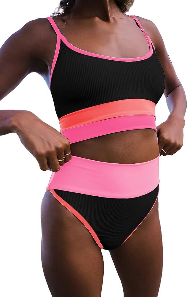 Hilinker Women's Sporty Color Block High Waisted Bikini 2 Piece Swimming Suit | Amazon (US)