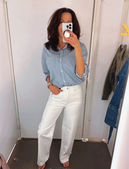 Business casual. Spring outfit. Loafers. Button down. Wide leg jeans. Old Navy. 

#LTKsalealert #LTKshoecrush #LTKfindsunder100