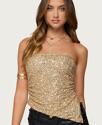 Women's Sequin Asymmetric Slit Strapless Top | Macy's