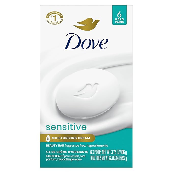 Dove Beauty Bar Soap Sensitive, 6 Bars for Sensitive Skin, Fragrance Free and Hypoallergenic 3.75... | Amazon (US)