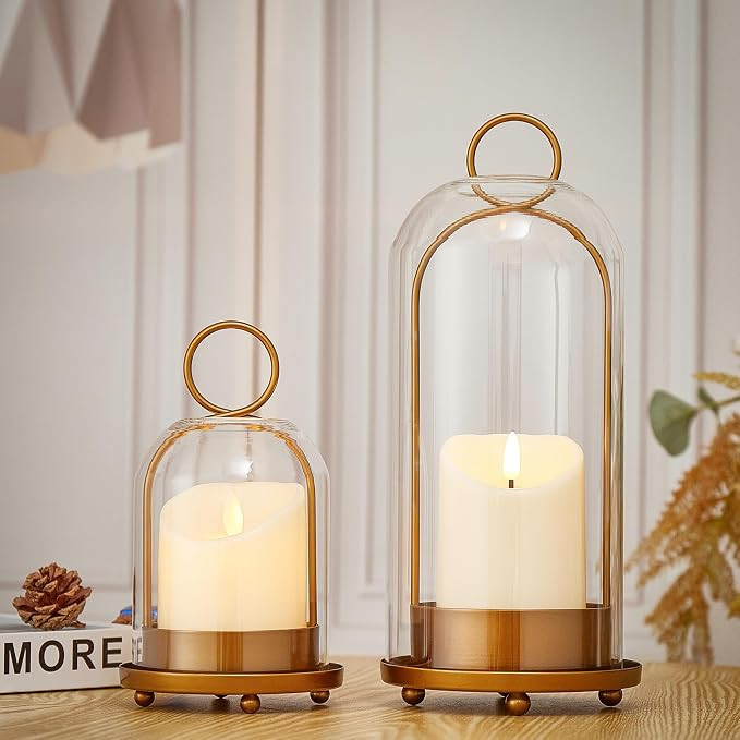 Hurricane Metal & Glass Candle Holder Set of 2 with Timer Candles, Decorative Candlestick Pillar ... | Amazon (US)