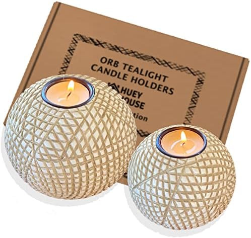 Luca Orb Tea Light Candle Holders (Gift Boxed Set of 2) Grid Pattern, Beige and White | Amazon (US)
