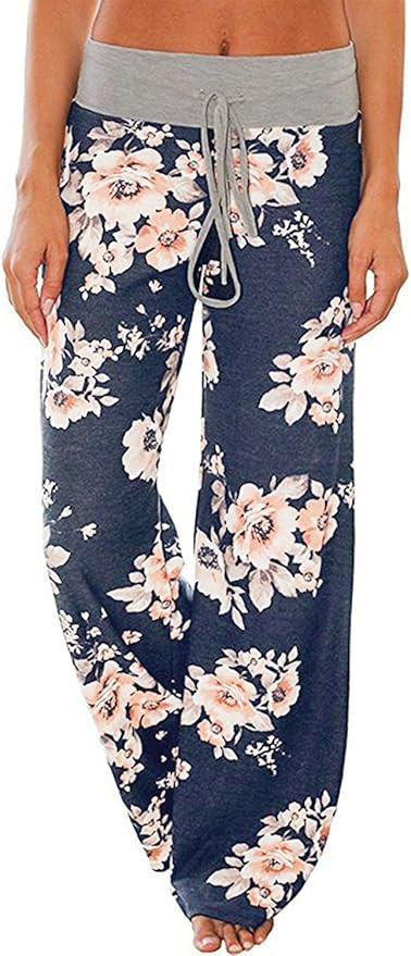 AMiERY Women's Comfy Casual Pajama Pants Floral Print Drawstring Palazzo Lounge Pants Wide Leg | Amazon (US)