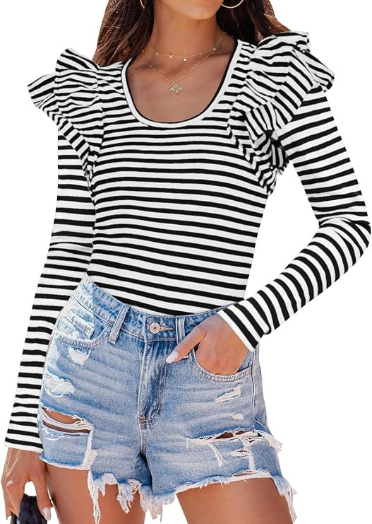 ZESICA Womens Ruffle Long Sleeve Scoop Neck Shirt Striped Slim Fitted Casual Basic Tee Tops Trend... | Amazon (US)