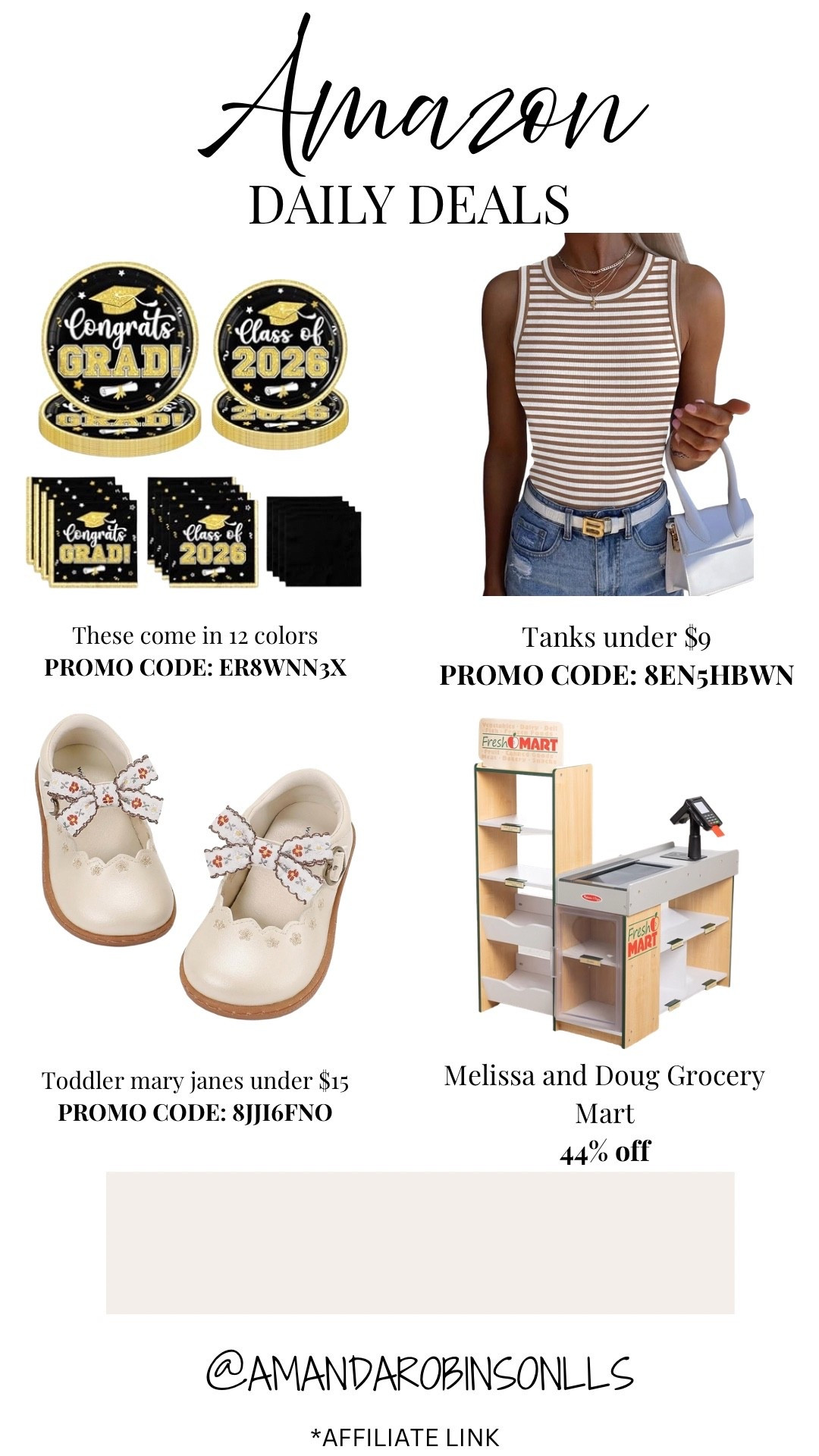 Amazon daily deals
Graduation plates
Tank
Mary Jane’s toddler shoes
Melissa and Doug grocery mart 

#LTKKids #LTKSaleAlert