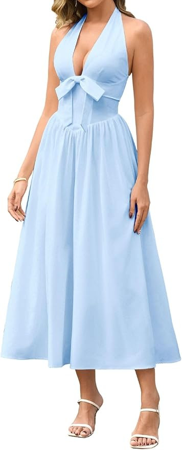 Parthea Summer Halter Bow Midi Dress V Neck Flowy A Line Casual Sundress for Women | Amazon (US)