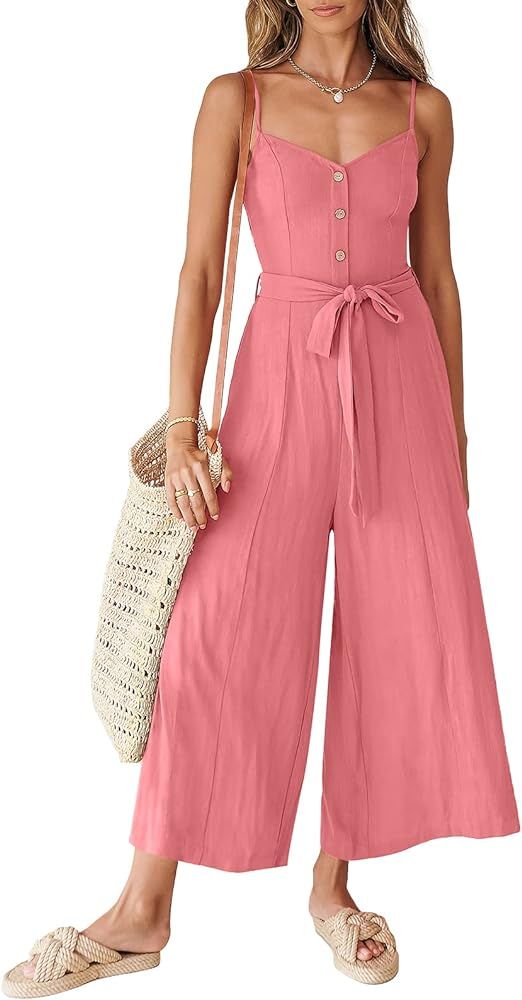 ANRABESS Women's Summer Spaghetti Straps V Neck Smocked Wide Leg Jumpsuits Rompers With Belt | Amazon (US)