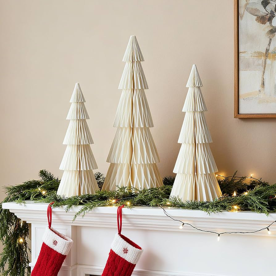 White Paper Christmas Tree, 3 Pcs Tabletop Christmas Decorations with Magnetic Closure, 8" 10" 12... | Amazon (US)