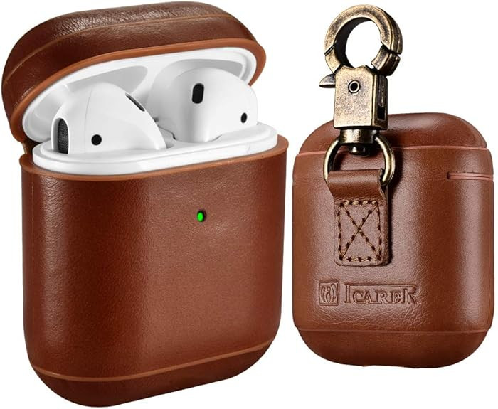 AirPods Leather Case, ICARER Genuine Leather AirPod case with Keychain and Led Light for Apple Ai... | Amazon (US)
