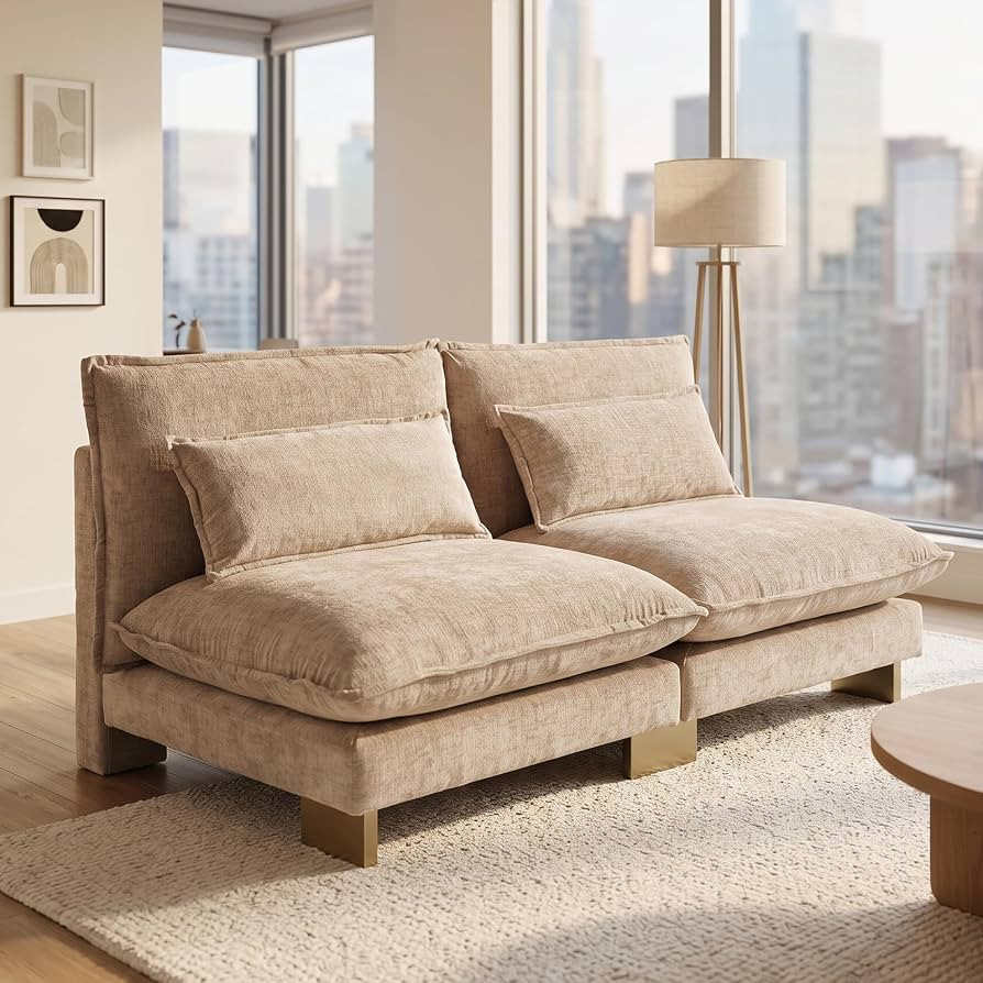 Oatmeal Chenille 2-Seater Armless Sofa, Deep Seat & Gold Legs | Amazon (US)