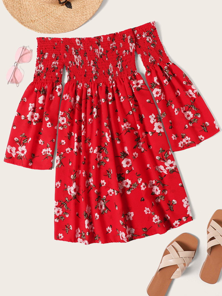 Floral Print Off The Shoulder Shirred Dress | SHEIN
