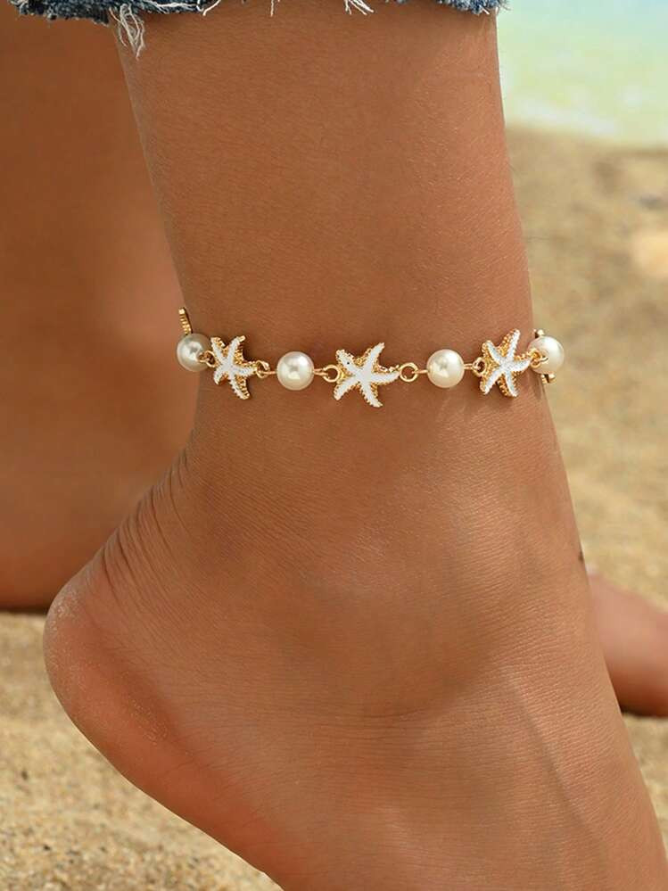 1pc Summer Ocean-Inspired Alloy Glazed Shiny Starfish & Faux Pearl Combination Anklet, Handmade Jewelry Suitable For Daily, Beach, Party, Date, Travel | SHEIN