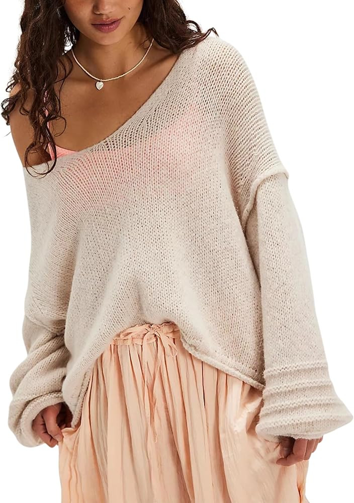 Womens Bohemian Slouchy Style Sweater Off Shoulder Knit Pullover with bubbled Sleeves | Amazon (US)