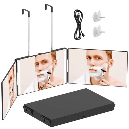 LED 3 Way Mirror for Self Hair Cutting Mirror Vanity Mirror Barber Supplies Accessories 360 Makeup Mirror with Light Trifold Mirror to See Back of Head (Black with Light) | Walmart (US)
