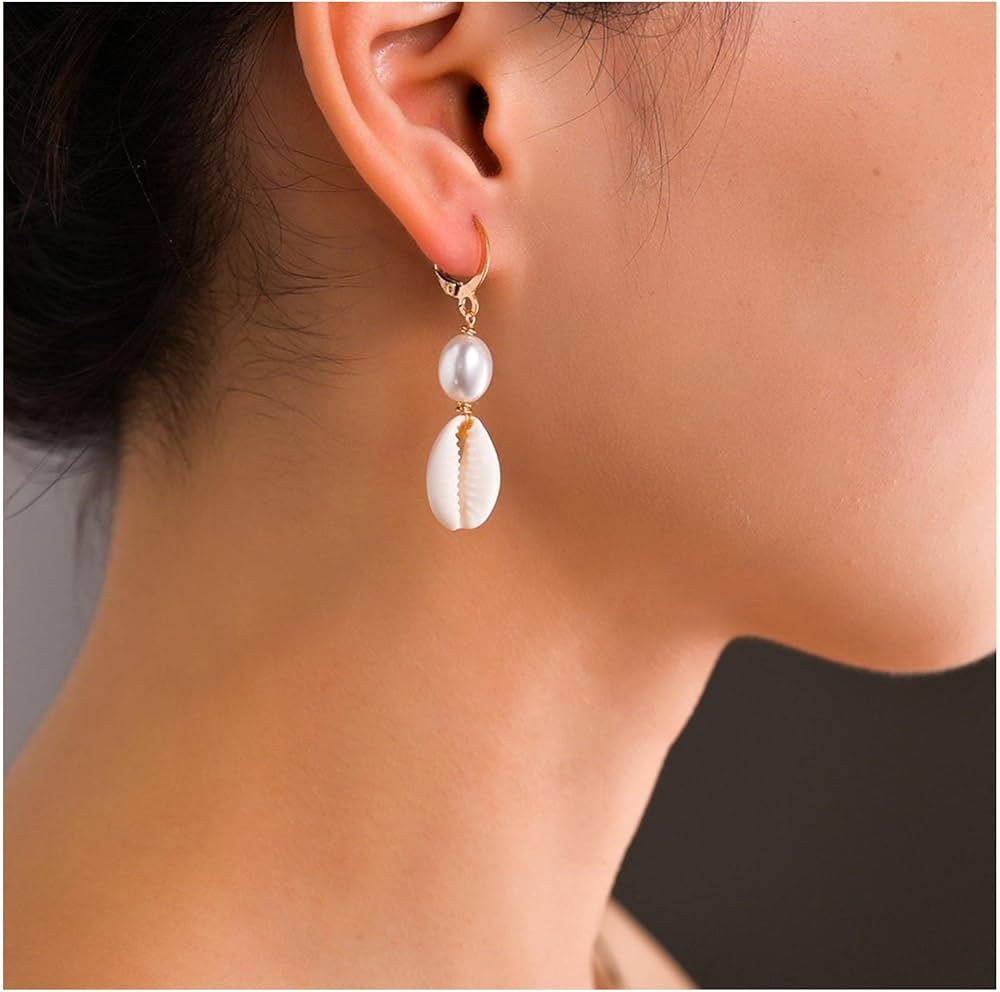 Bohemian Pearl Shell Drop Earrings Gold Pearl Earrings Cowrie Shell Dangle Earrings Natural Seash... | Amazon (US)