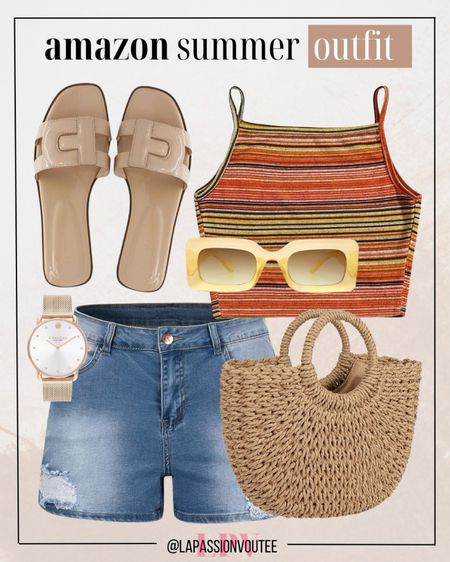 Embrace effortless summer style with denim shorts, a striped cami top, a chic straw bag, sunglasses, a sleek watch, and comfy flat slide sandals. Perfect for sunny adventures!

#LTKSeasonal #LTKStyleTip #LTKFindsUnder100
