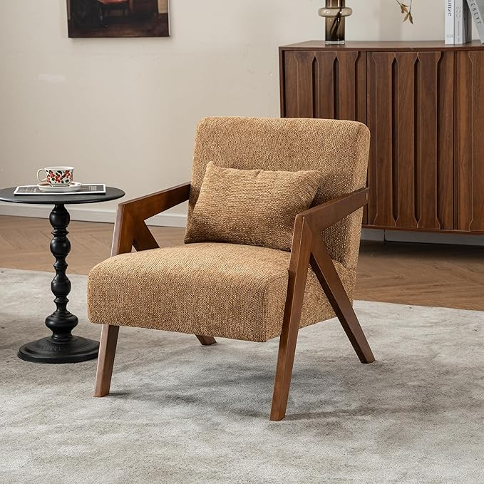 Mid Century Modern Accent Chair with Solid Wood Frame，Upholstered Chenille Living Room Arm Chai... | Amazon (US)