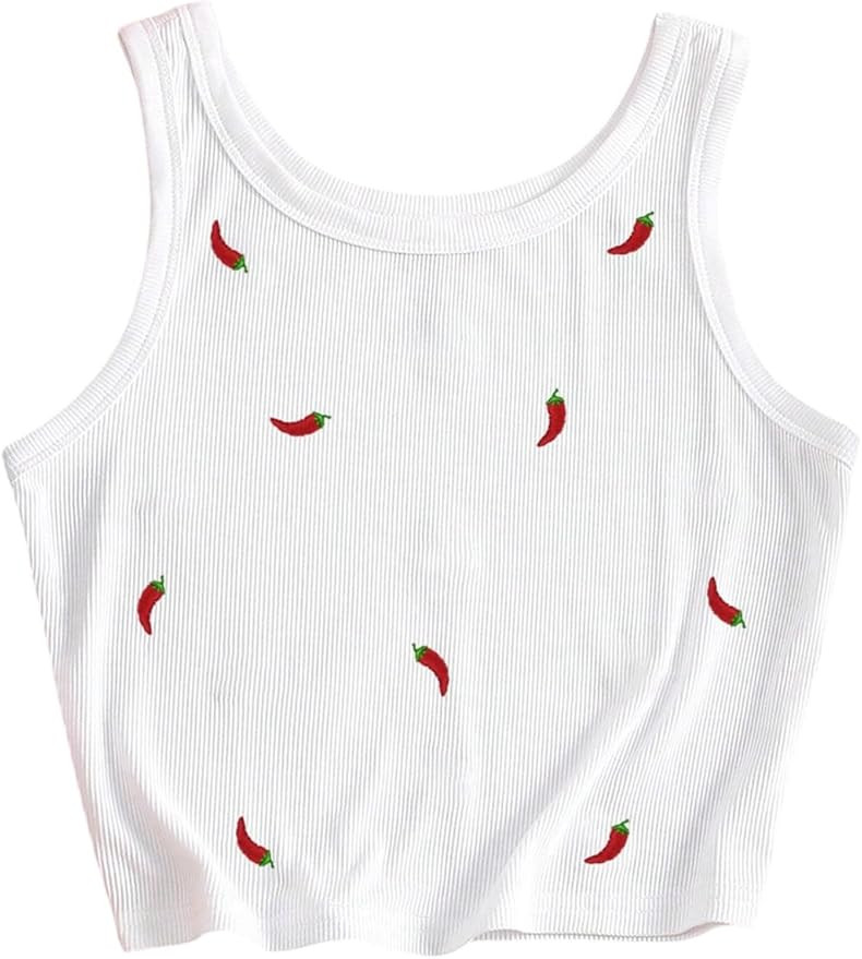 SweatyRocks Women's Chili Pepper Embroidery Crop Tops Casual Summer Crewneck Ribbed Tank Top | Amazon (US)