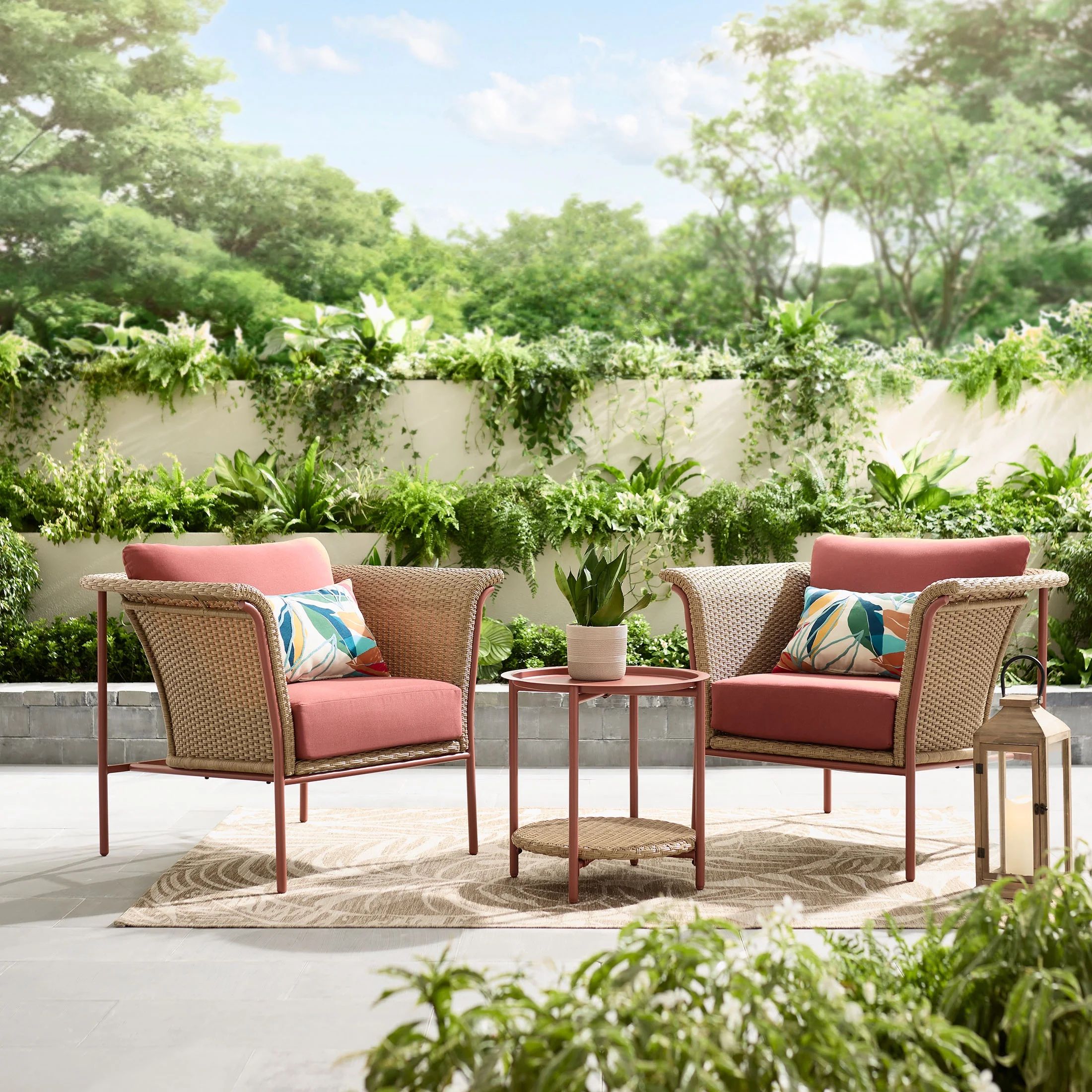 Better Homes & Gardens Trezza 3-Piece Steel and Wicker Outdoor Chat Set with Cushions, Red | Walmart (US)