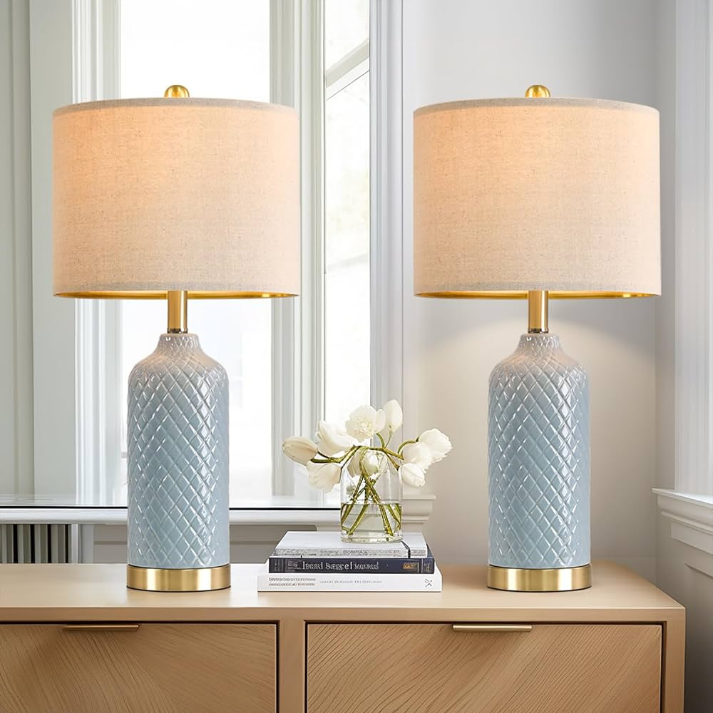 24.25" Modern Ceramic Blue Table Lamps Set of 2 for Living Room, Farmhouse, Bedside, Coastal Bedr... | Amazon (US)